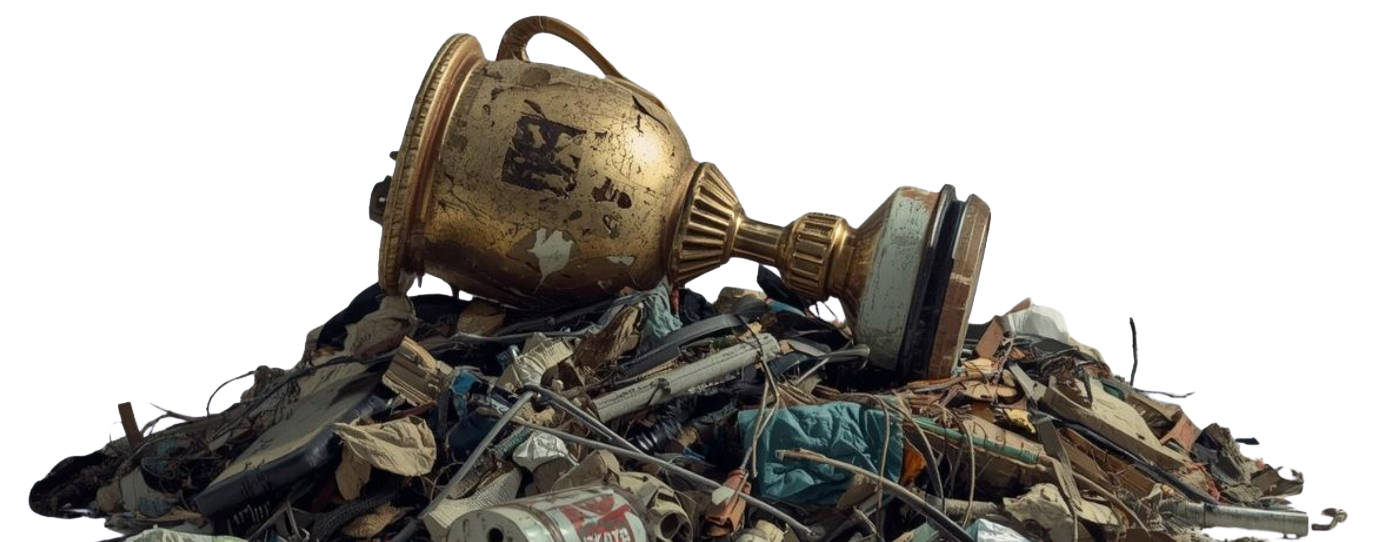 Gold trophy on wide pile of debris