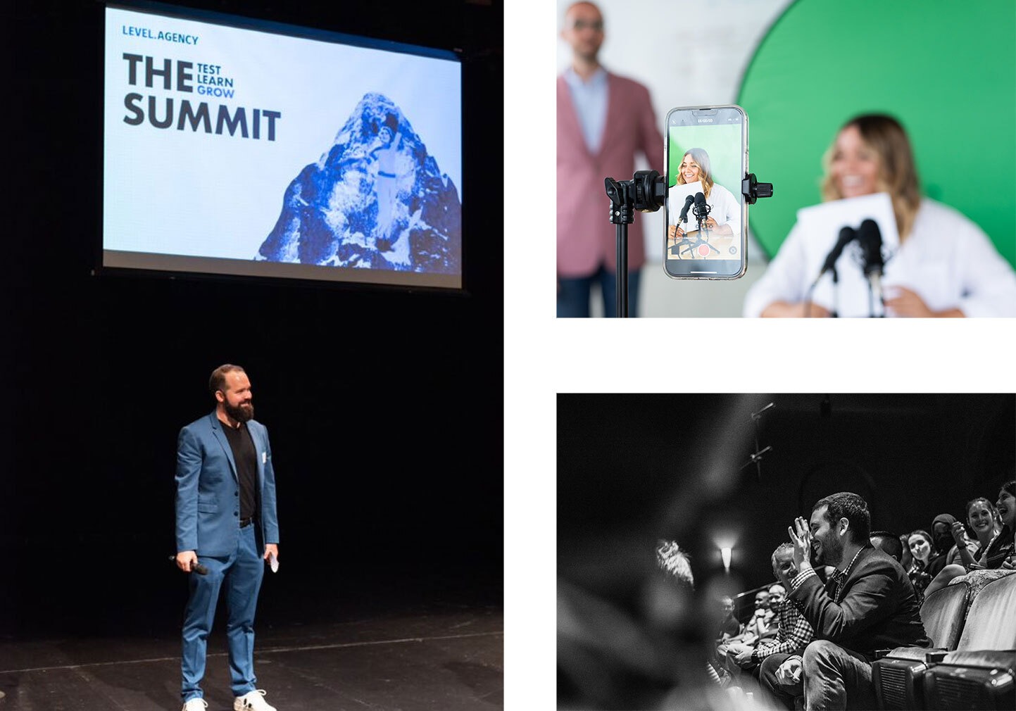 Man standing on a stage giving a presentation. Woman getting recorded for a podcast. Man laughing in an audience.