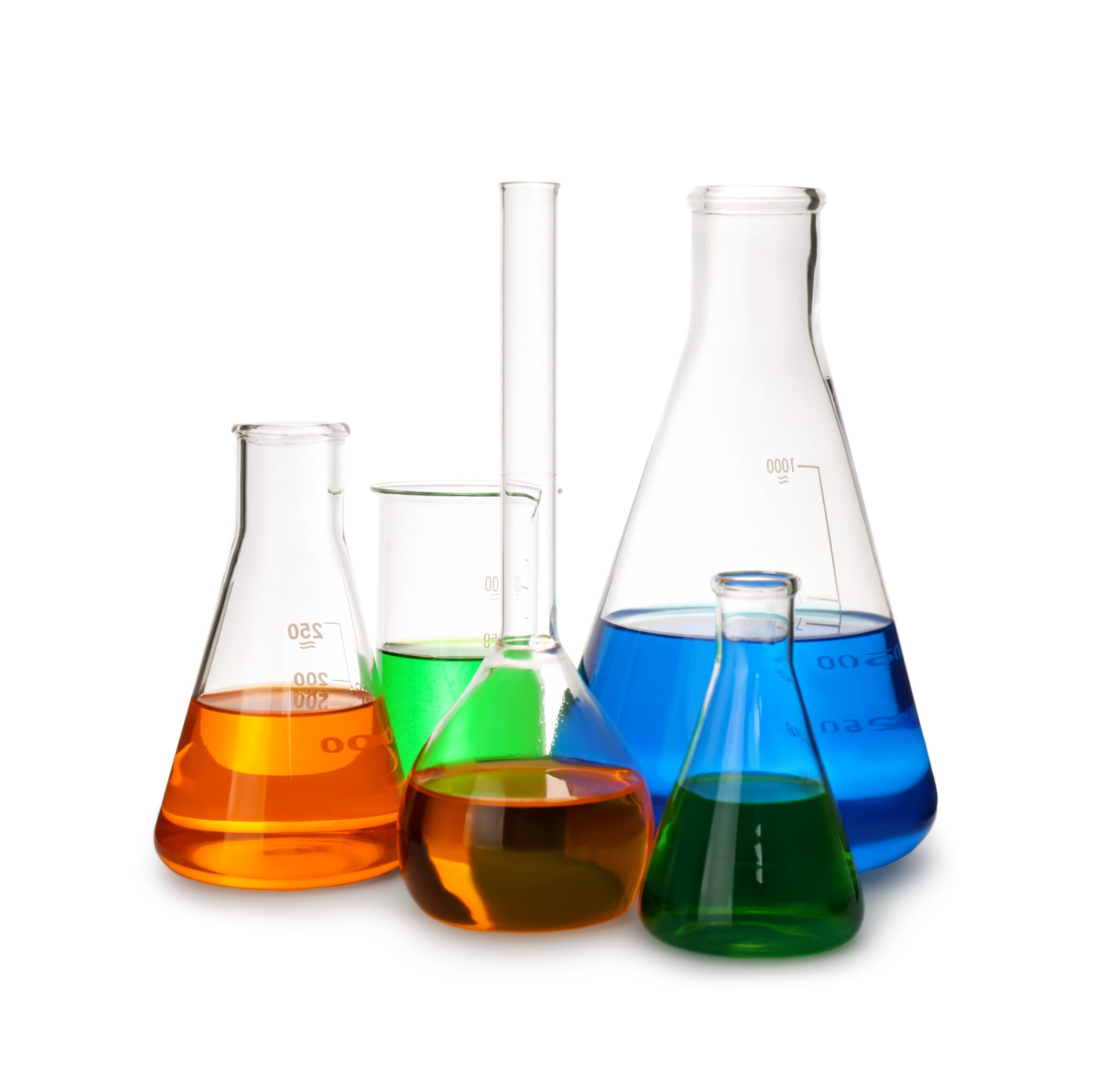 Five science beakers holding different colored liquids.