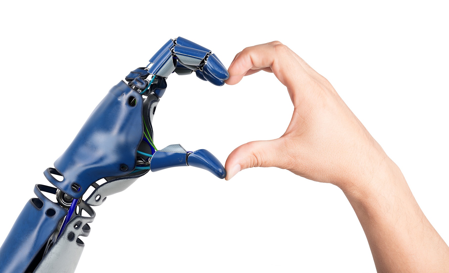 robot hand on left making heart symbol with human hand on right