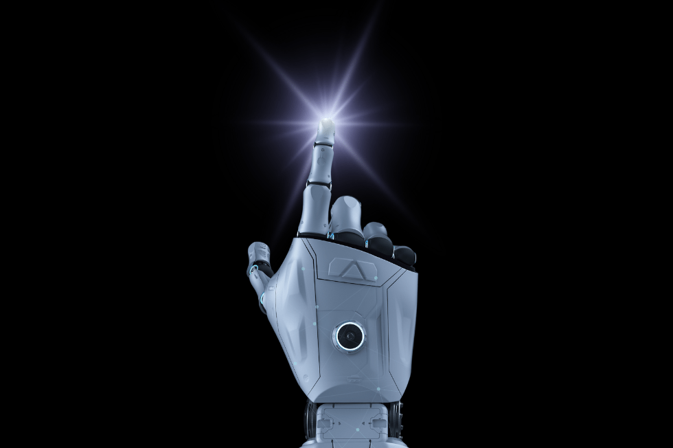 A robotic hand pointing a finger on a black background