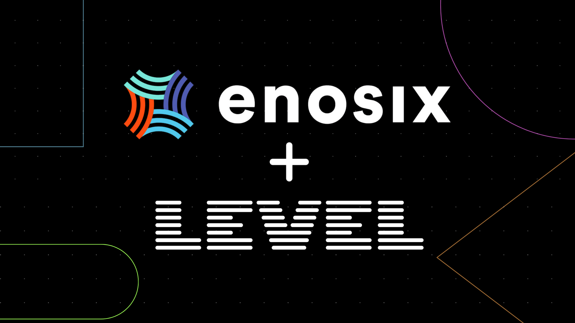 Partnership announcement graphic featuring the Enosix logo—characterized by flowing, curved lines in vibrant orange, teal, and purple gradients—positioned above the Level logo rendered in white horizontal bars. The logos are connected by a plus symbol, symbolizing the collaboration between the two companies. Set against a sleek black background with subtle geometric accent lines.