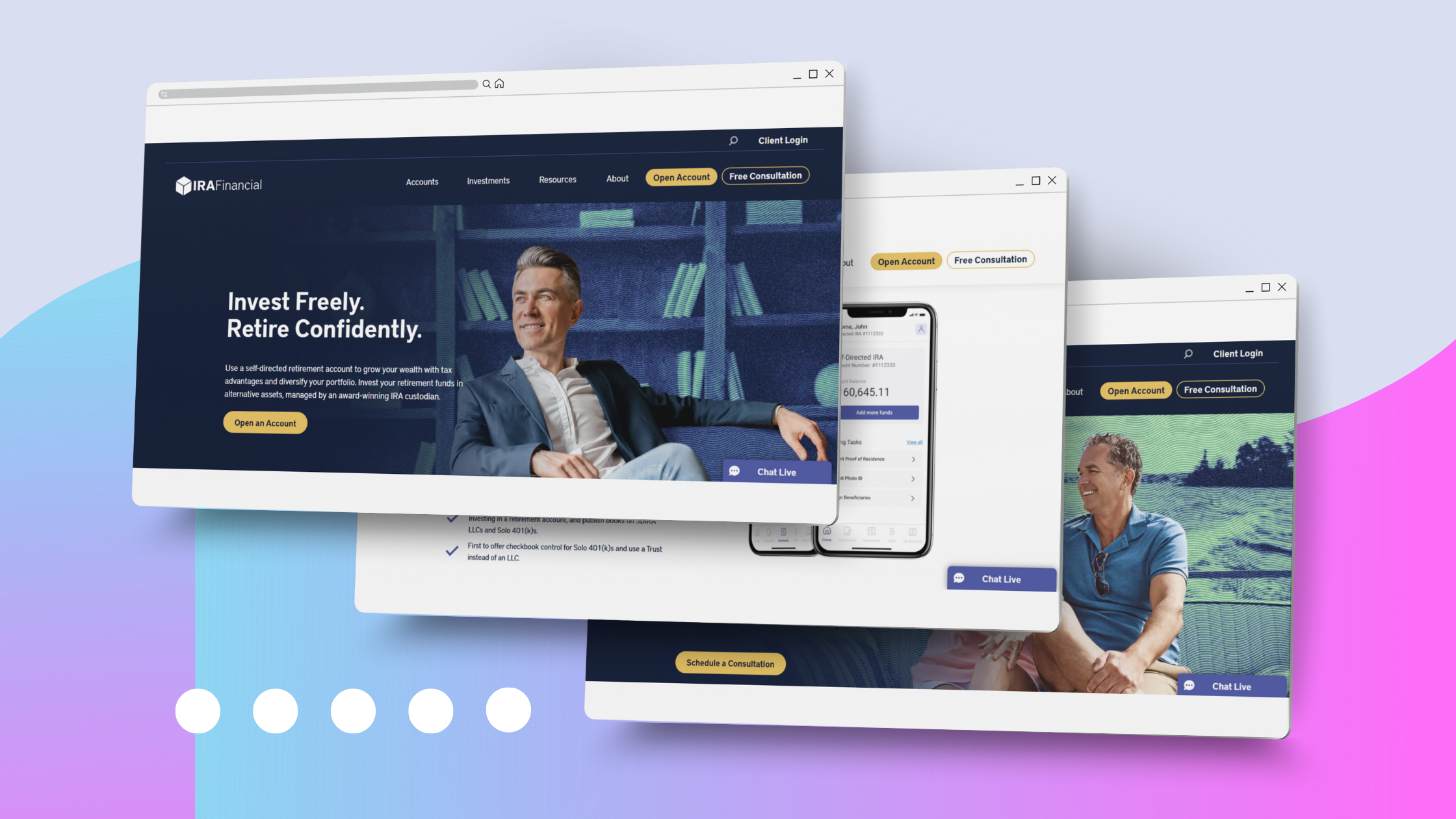 Screenshot collage of IRA Financial’s redesigned website highlighting improved UX and SEO results from a successful website migration case study.