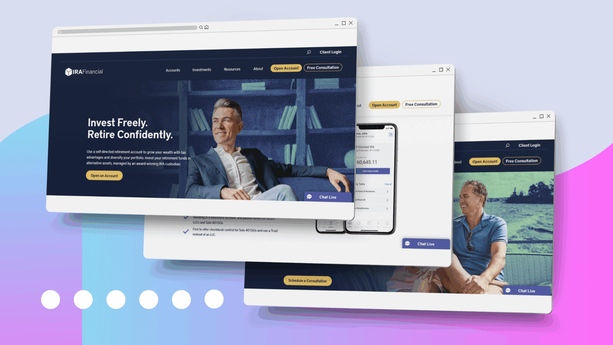 Screenshot collage of IRA Financial’s redesigned website highlighting improved UX and SEO results from a successful website migration case study.