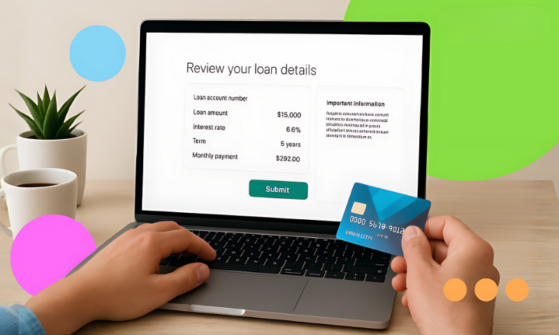 A person reviews loan details on a Kiavi website while holding a credit card, representing the brand’s digital lending experience.