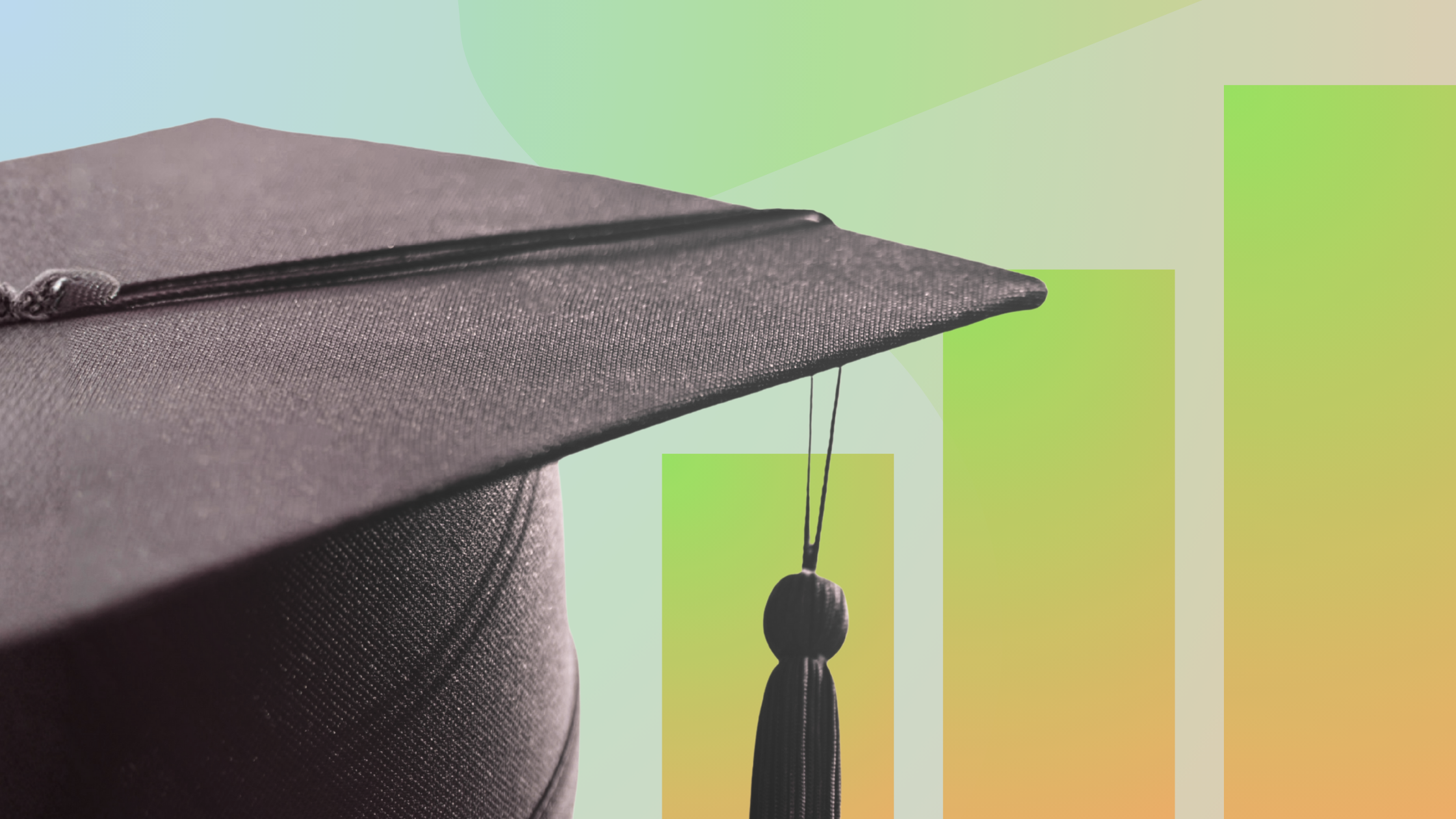 Graduation cap with tassel in front of rising bar chart graphics, representing higher education marketing strategies and performance growth.