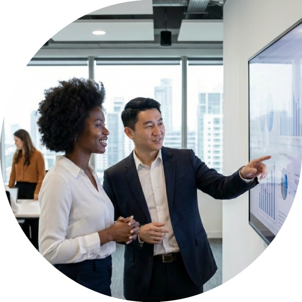 A man and a woman reviewing analytics on a big screen