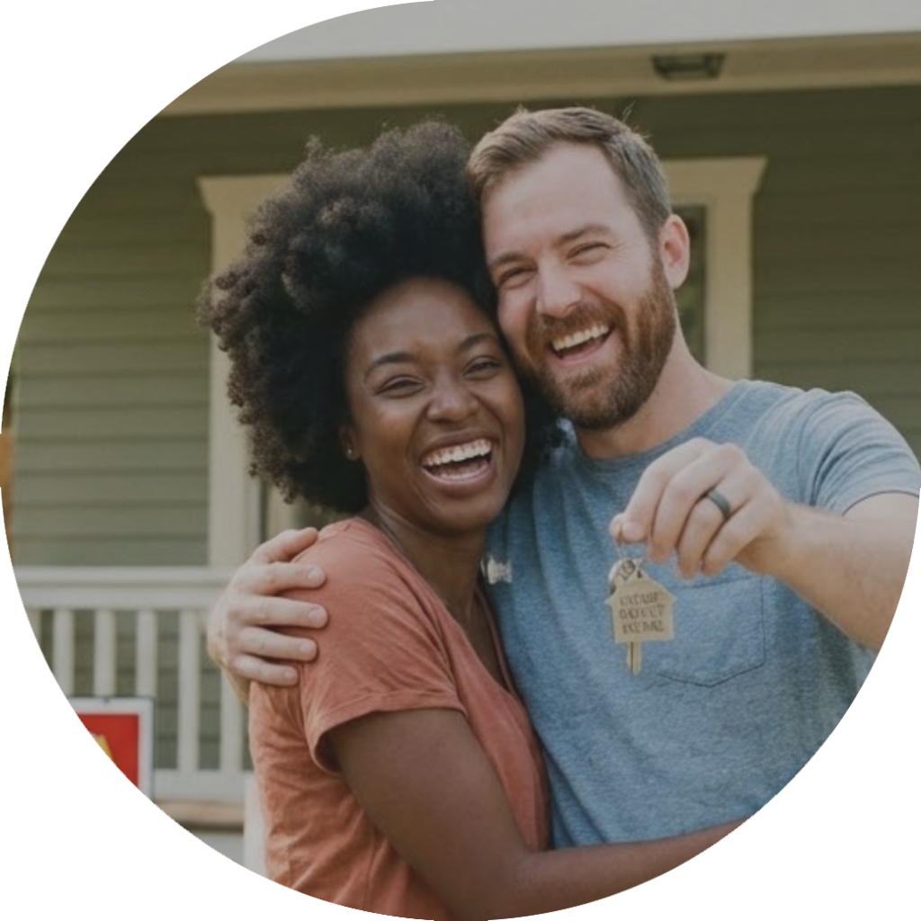 Couple in front of home with keys