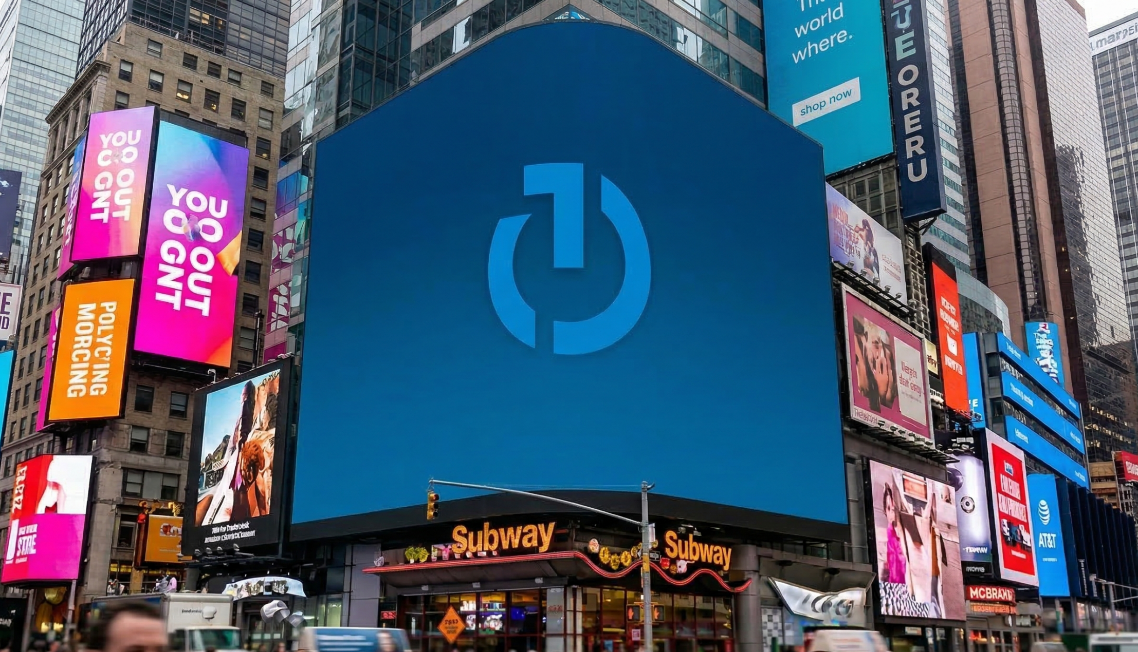 The Trade Desk logo displayed on a digital billboard in Times Square, New York City.