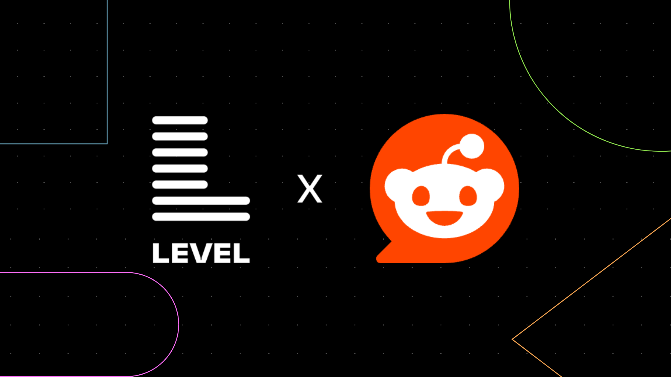 Featured image for a Reddit brand strategy post showing the LEVEL logo next to the Reddit logo on a dark grid background with colorful abstract lines, highlighting a partnership and focus on native platform engagement like sponsored AMAs.