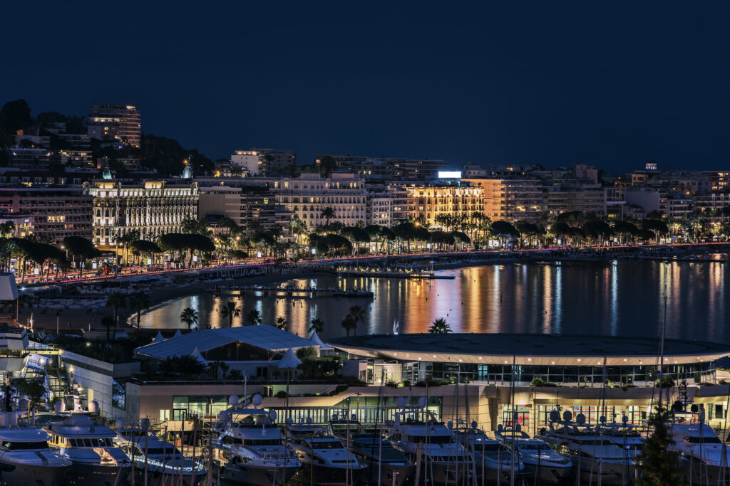 View of the hotels, Croisette avenue and the harbor at Cannes Lions