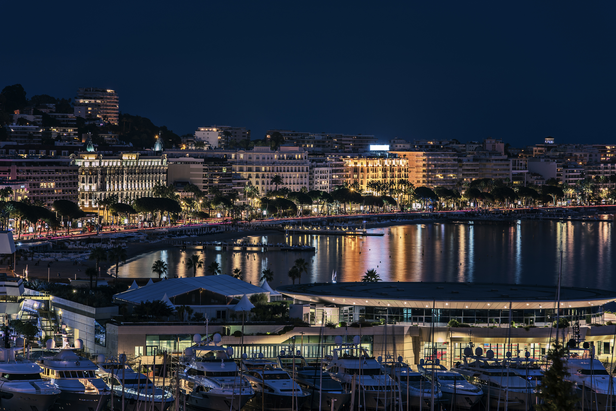 View of the hotels, Croisette avenue and the harbor at Cannes Lions