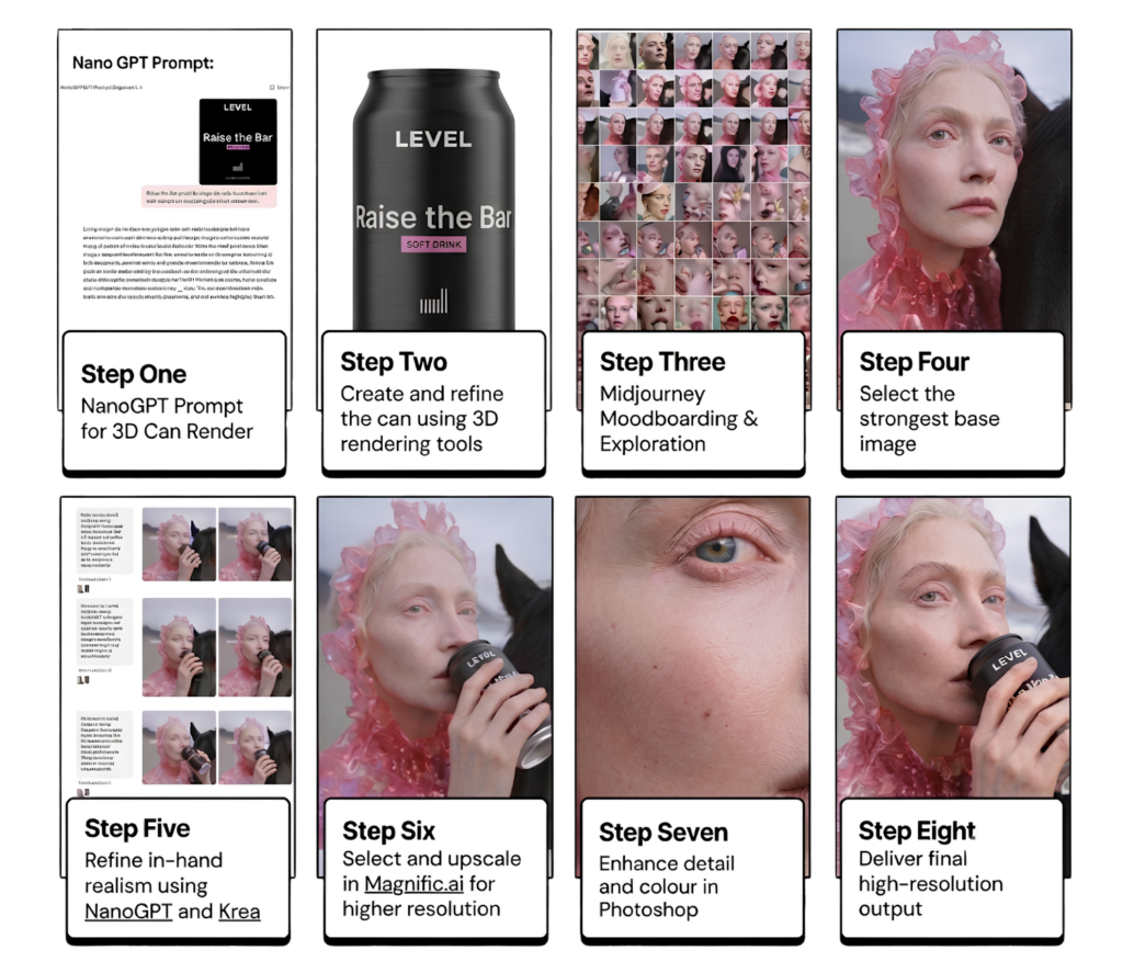 Eight-step AI creative workflow shown as a grid, from the product prompt and 3D can render through Midjourney moodboarding, base image selection, compositing, upscaling in Magnific, and detail work to the final high-resolution output.