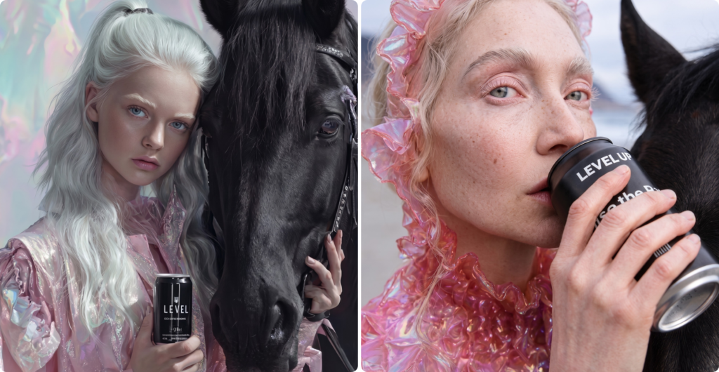 Side-by-side comparison of AI slop and refined AI-generated creative, a one-prompt image on the left with a doll-like face and garbled product label next to the finished eight-step image on the right with realistic skin detail.