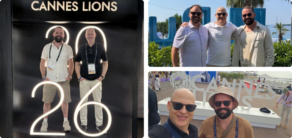 Three photos from Cannes Lions 2026: Level Agency team members standing in front of an illuminated 2026 sign under the Cannes Lions marquee, and three Level Agency colleagues posed together on a lawn with palm trees and the waterfront behind them.