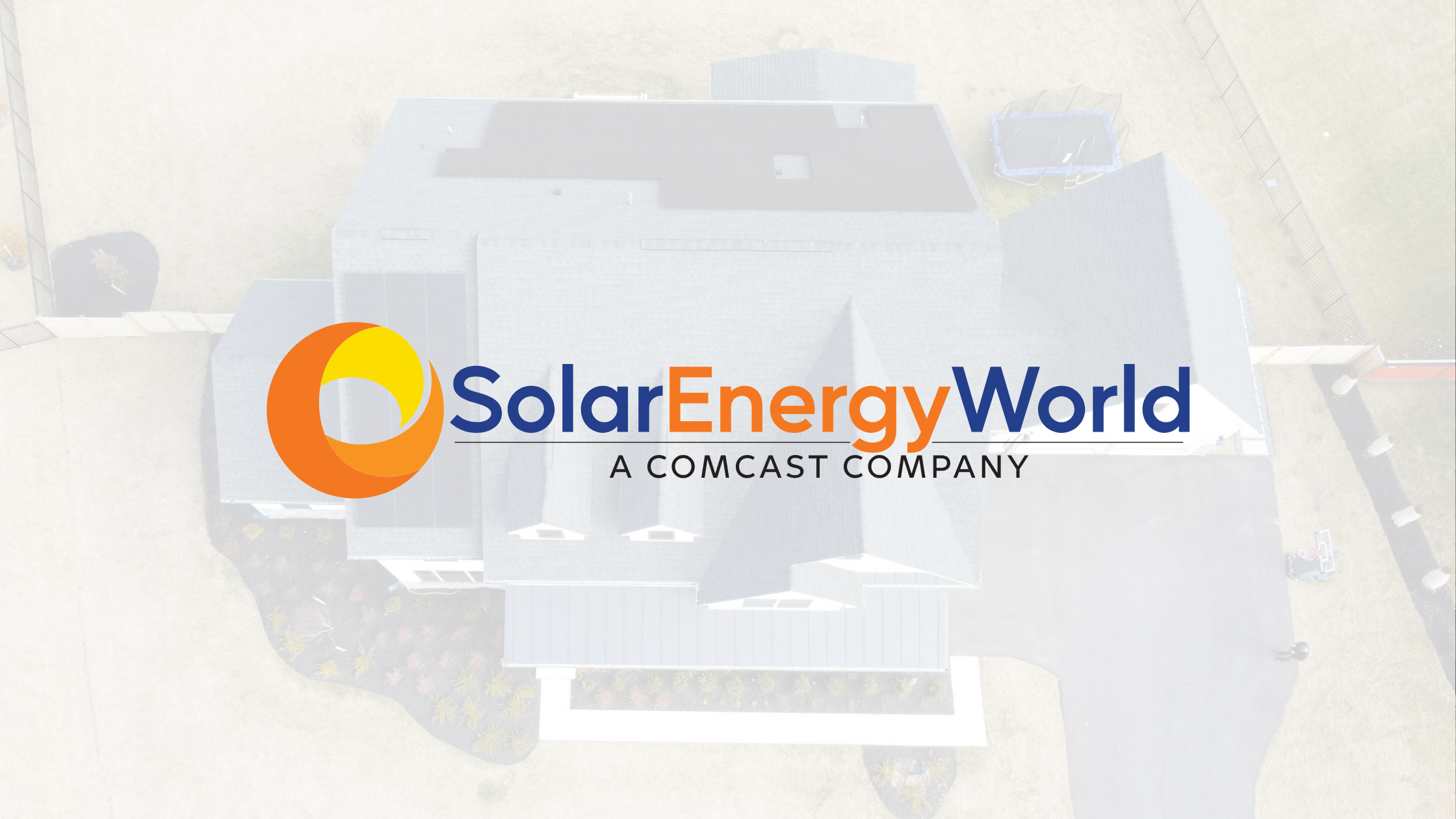 Solar Energy World logo over an aerial view of a home with rooftop solar panels, illustrating local SEO for AI search