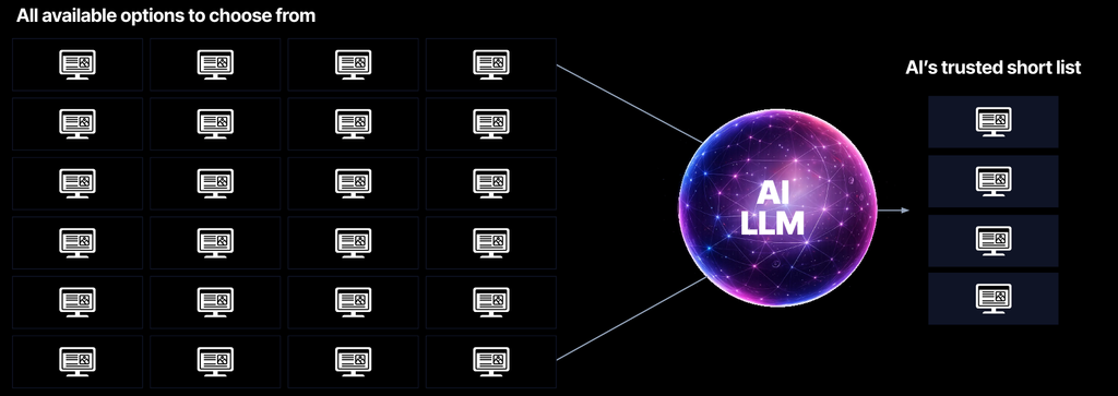 Grid of 24 website options narrowing through an AI model to a shortlist of four trusted recommendations